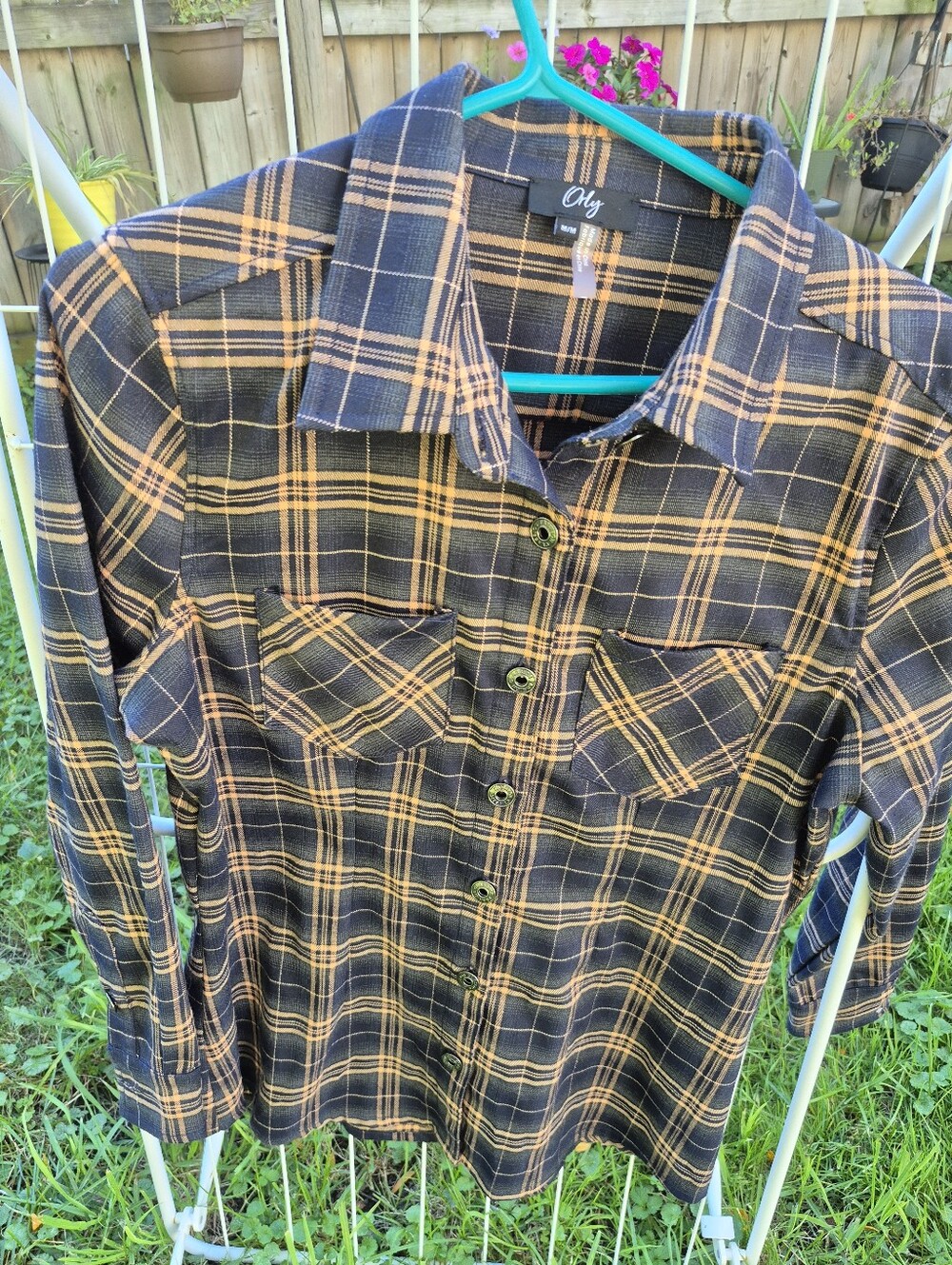 Orly Blue and Gold Plaid Button-Front Shirt